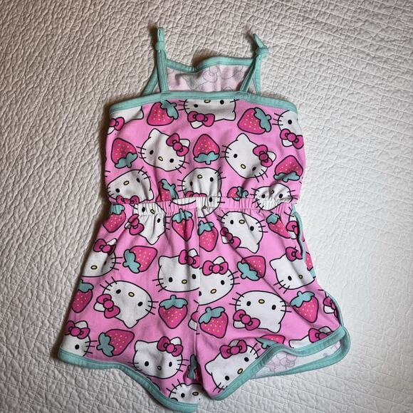 Hello Kitty Girls' Sleeveless Romper Pink Strawberry Print Teal Trim Sz LG 10/12 - Picture 1 of 3